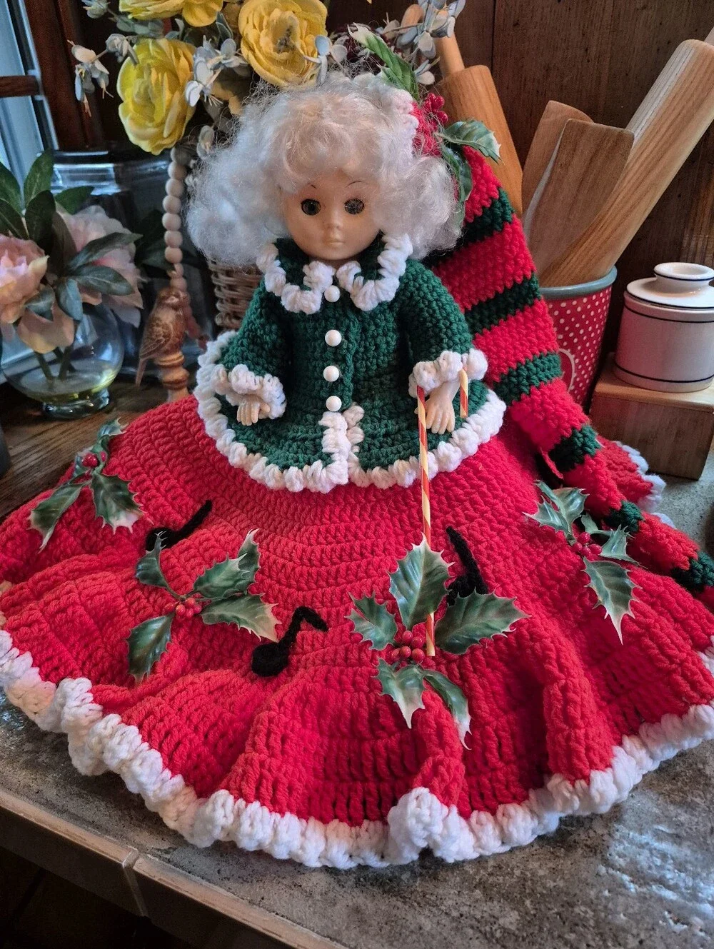 Vintage Christmas Pointsettia Large Crocheted Doll Full Size W/Moveable Limbs